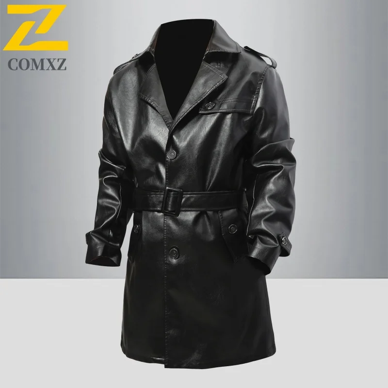 COMXZ Men Motorcycle Jacket New Trendy Loose Working Windproof PU Leather Coat Luxury Elegant Medium And Long Styles Windbreaker