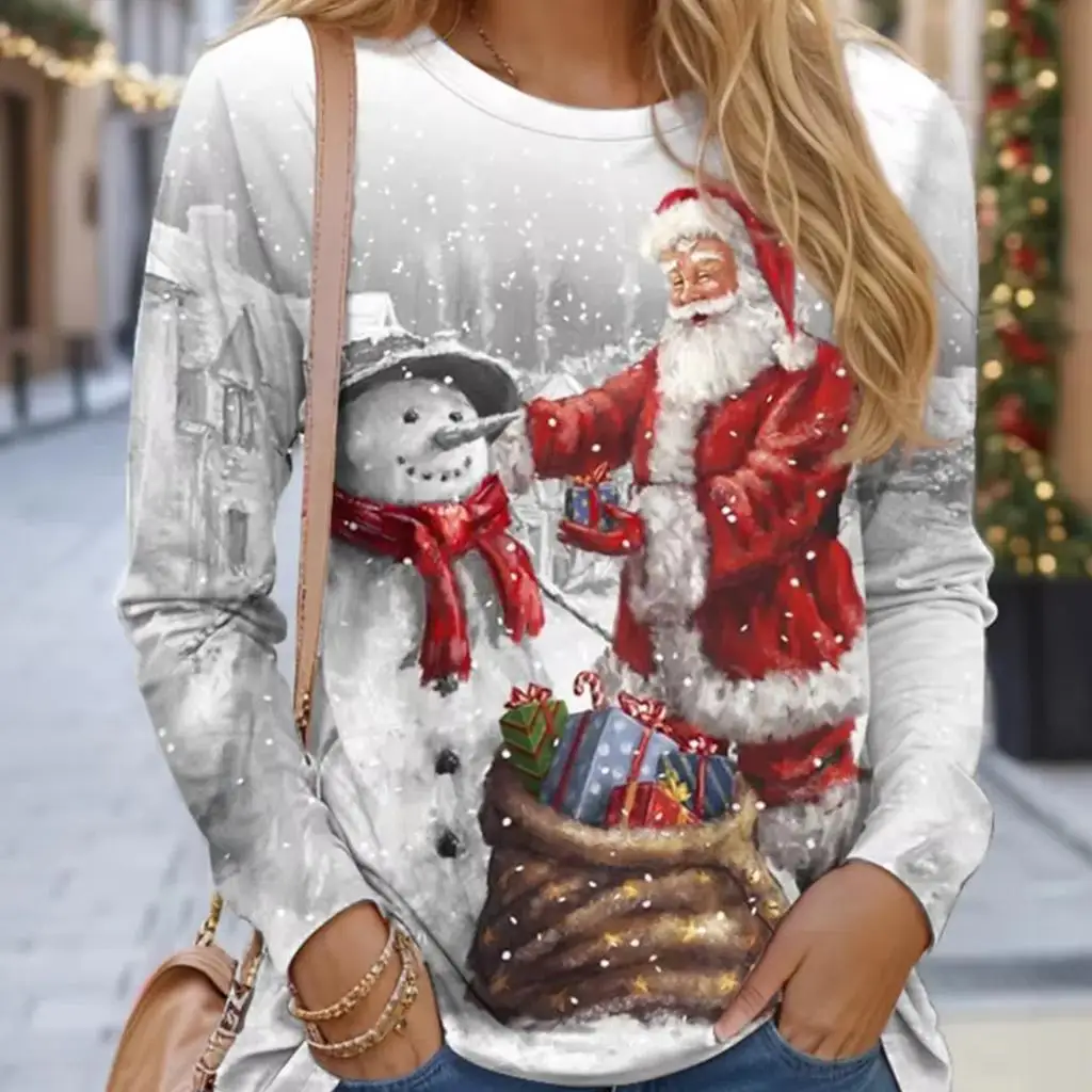 Women Sweatshirt Designer Round Neck Long Sleeve Fashion Casual Santa Claus Red New Year Graphic Print Tops Y2K Streetwear