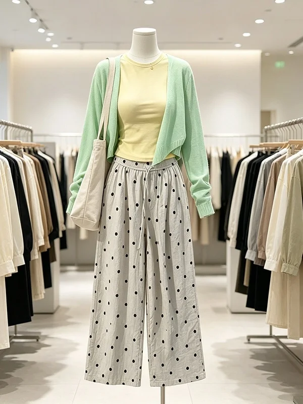 

plus Size Women's Summer Thin Cardigan Slim Fit T-Shirt Polka Dot Casual Pants Three Piece Set Casual Korean Style High Waist...