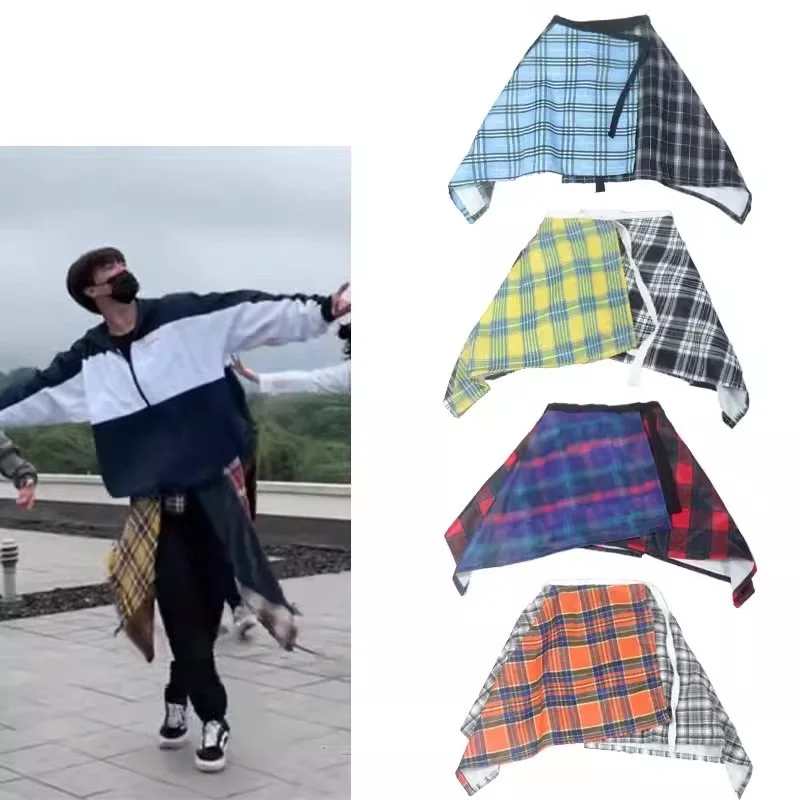 

Panel Hip Hop Irregular Men and Women Fake Shirt Hem Spring Autumn False Shirt Skirt Half-body Plaid Skirts Womens Jupe Saia