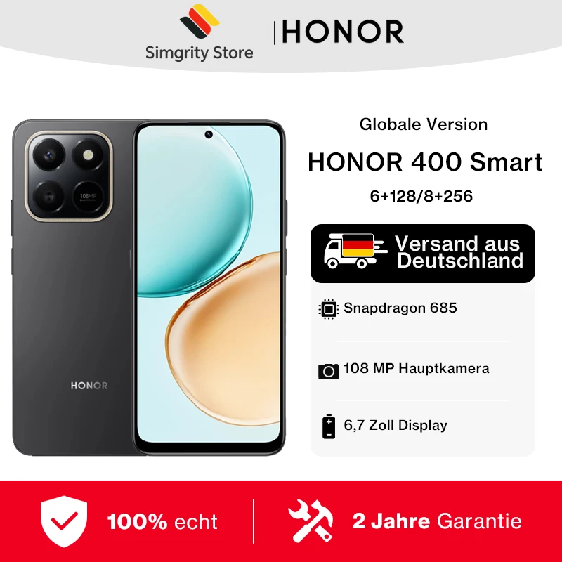هاتف ذكي HONOR 400 بسعة 6 جيجابايت + 128 جيجابايت/8 جيجابايت + 256 جيجابايت سنابدراجون 685، 6.77 بوصة شاشة 120 هرتز، كاميرا رئيسية 108 متر، بطارية 6500 مللي أمبير في الساعة، أندرويد 15، NFC
