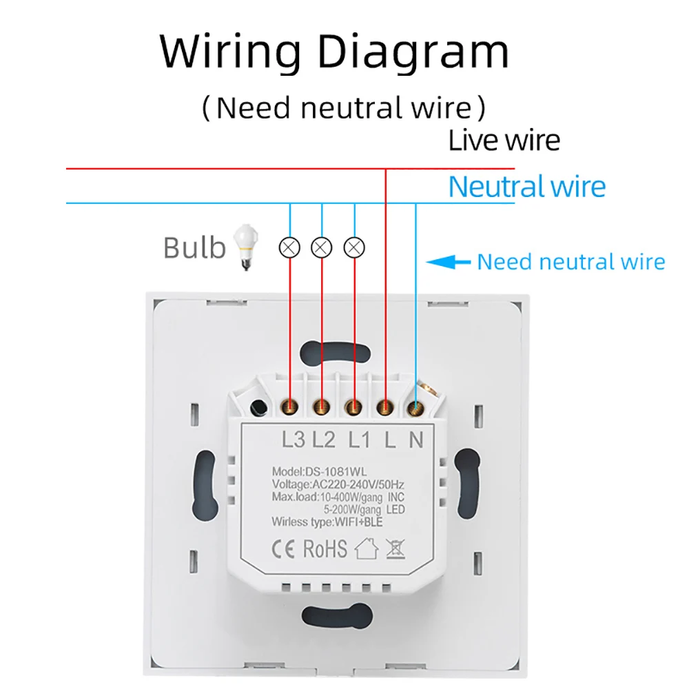 Inteligente WiFi Interruptor de Luz de Parede, Botão, Tuya App, Controle Remoto, Funciona com Alexa, Google Home, Precisa de Fio Neutro, Vida Inteligente, 220V