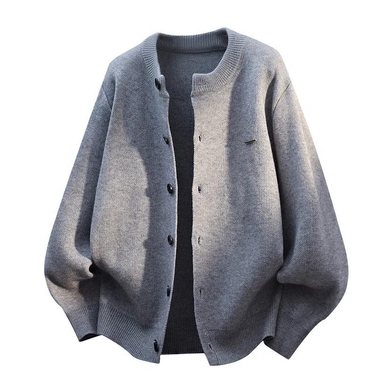 

Модный новый однотонный свитер-кардиган унисекс с круглым вырезом, мужской повседневный свободный универсальный вязаный кардиган