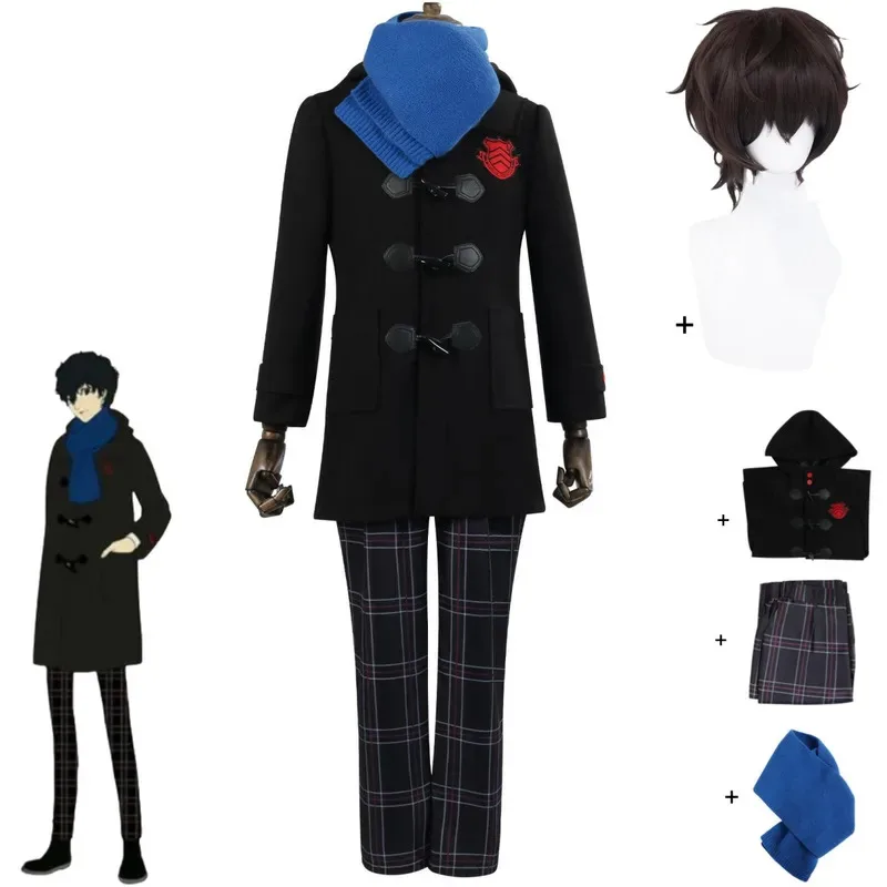 Game Amamiya Ren Cosplay Costume JOKER Winter Black Hooded Loose Coat Overcoat Scarf Uniform Wig Man Christmas Suit cm;5