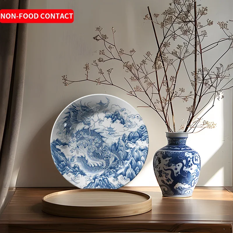 1pcExquisite Chinese Style Ceramic Decorative Plate Hand-Painted Dragon Design Wall Art Display Non-Food Contact Home DecorFor
