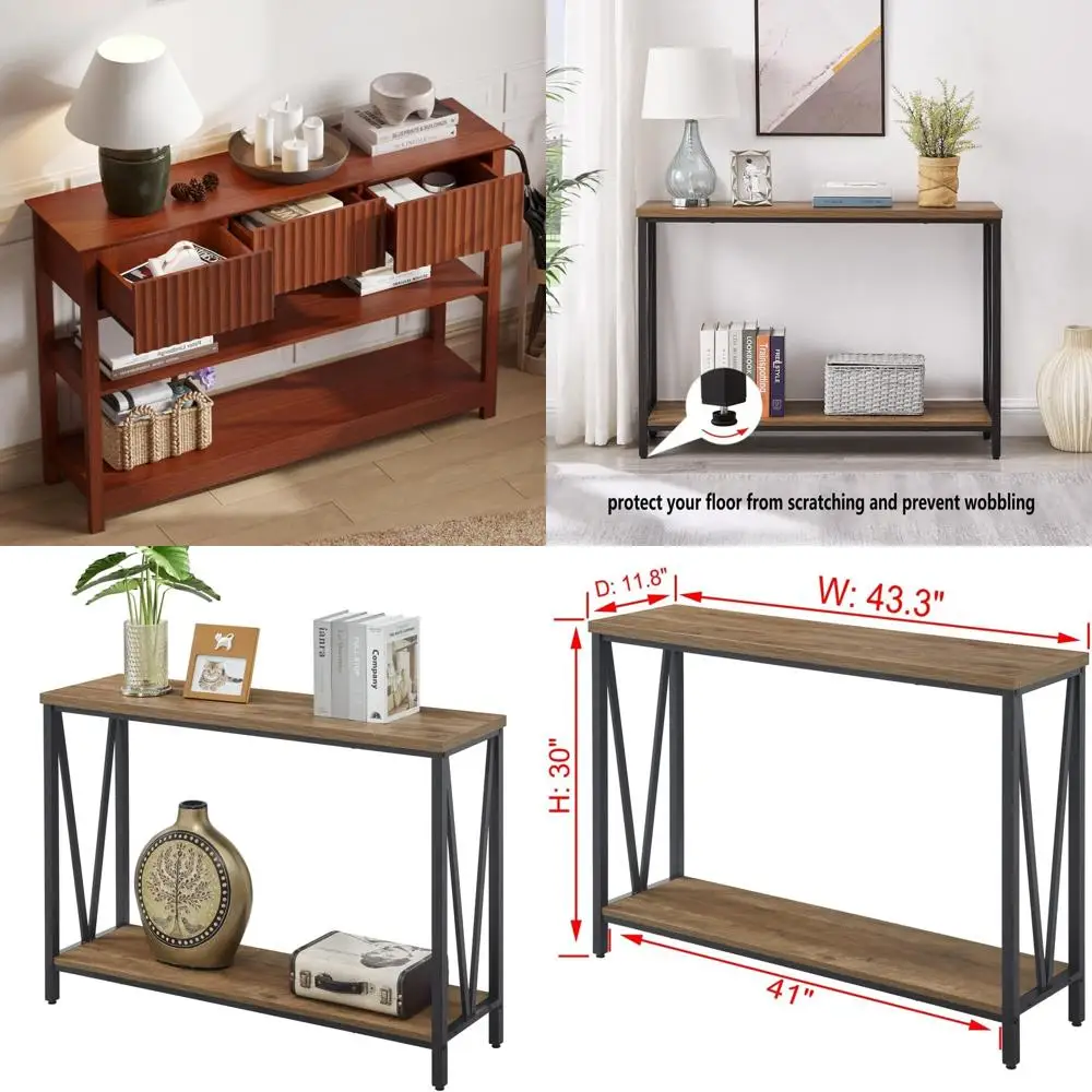 Narrow Fluted Console Table with Drawers and Shelves for Entryway and Behind Couch