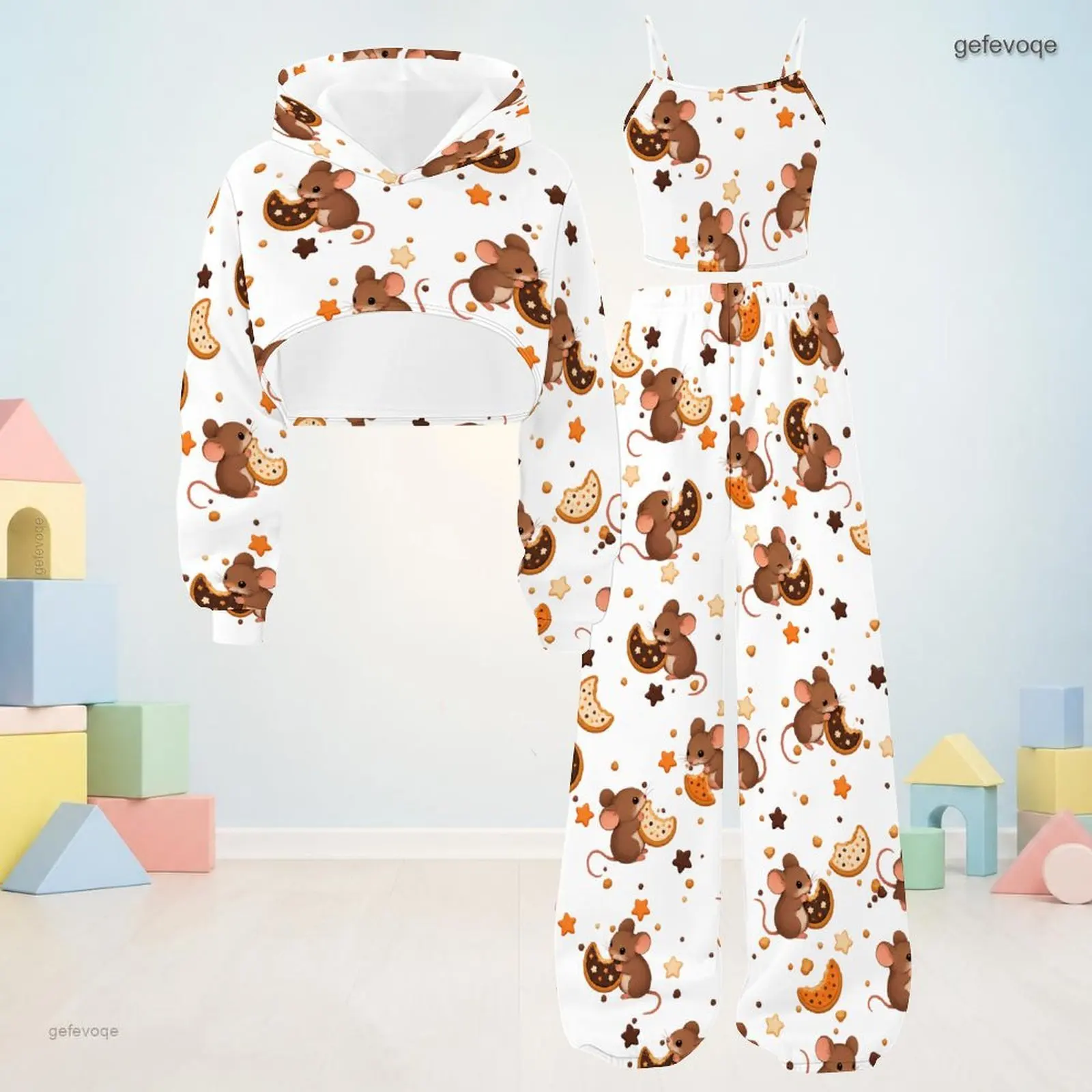 Autumn Graphic Print Girls 3 Piece Outfit Girls Hooded Playful Children Clothing Daily Wear