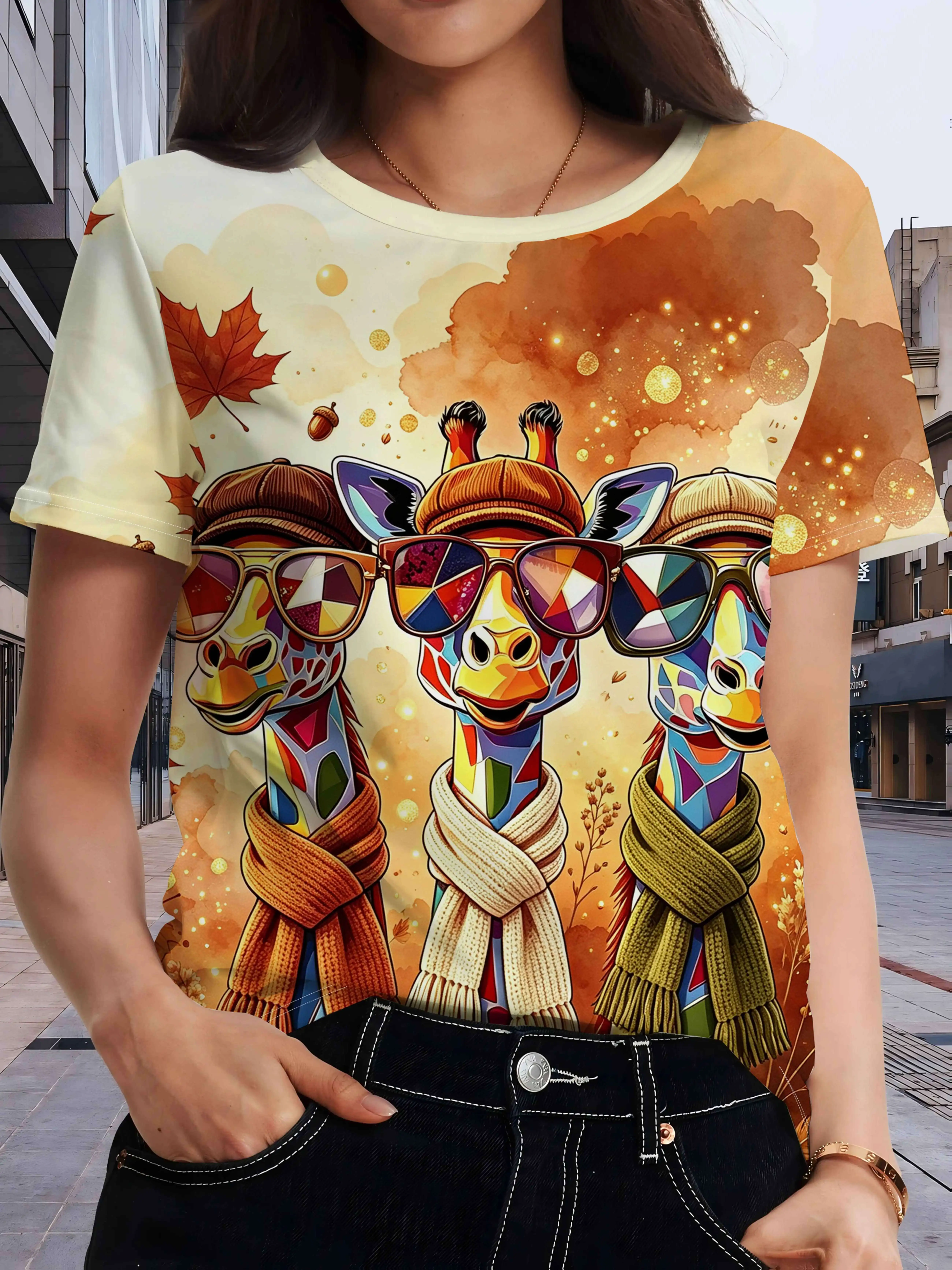 Women's T-shirt Colorful Giraffe Maple Leaf Print Round Neck Short Sleeve Watercolor Autumn Style Casual Daily Ladies Clothing