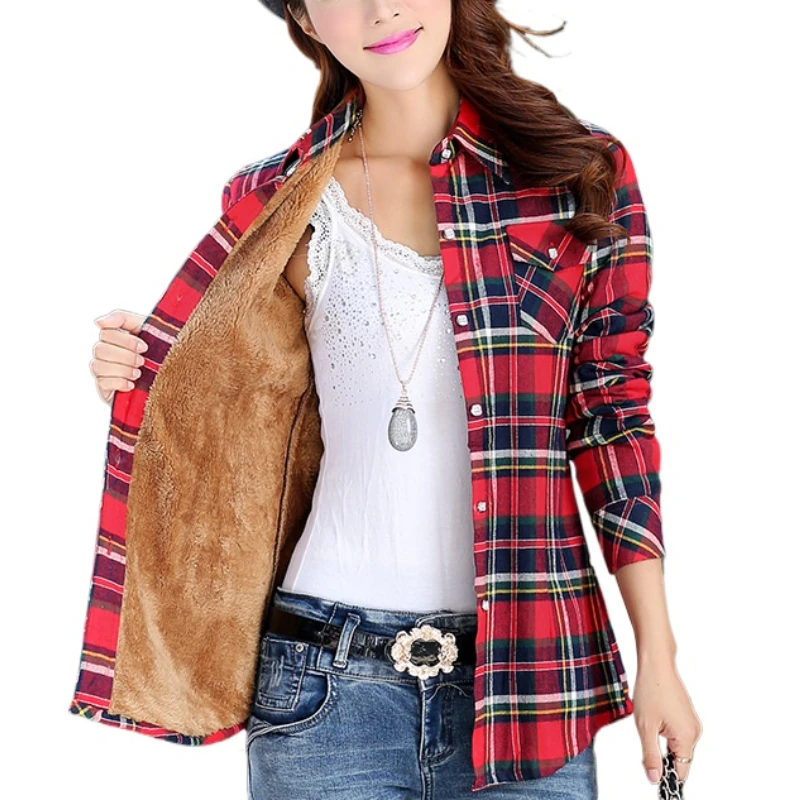 

Women's Oversized Velvet Warm Plaid Shirts Winter Checkered Blouse Slim Fit Two Pockets Shirts M-5XL Blusas Feminina Tops Mujer