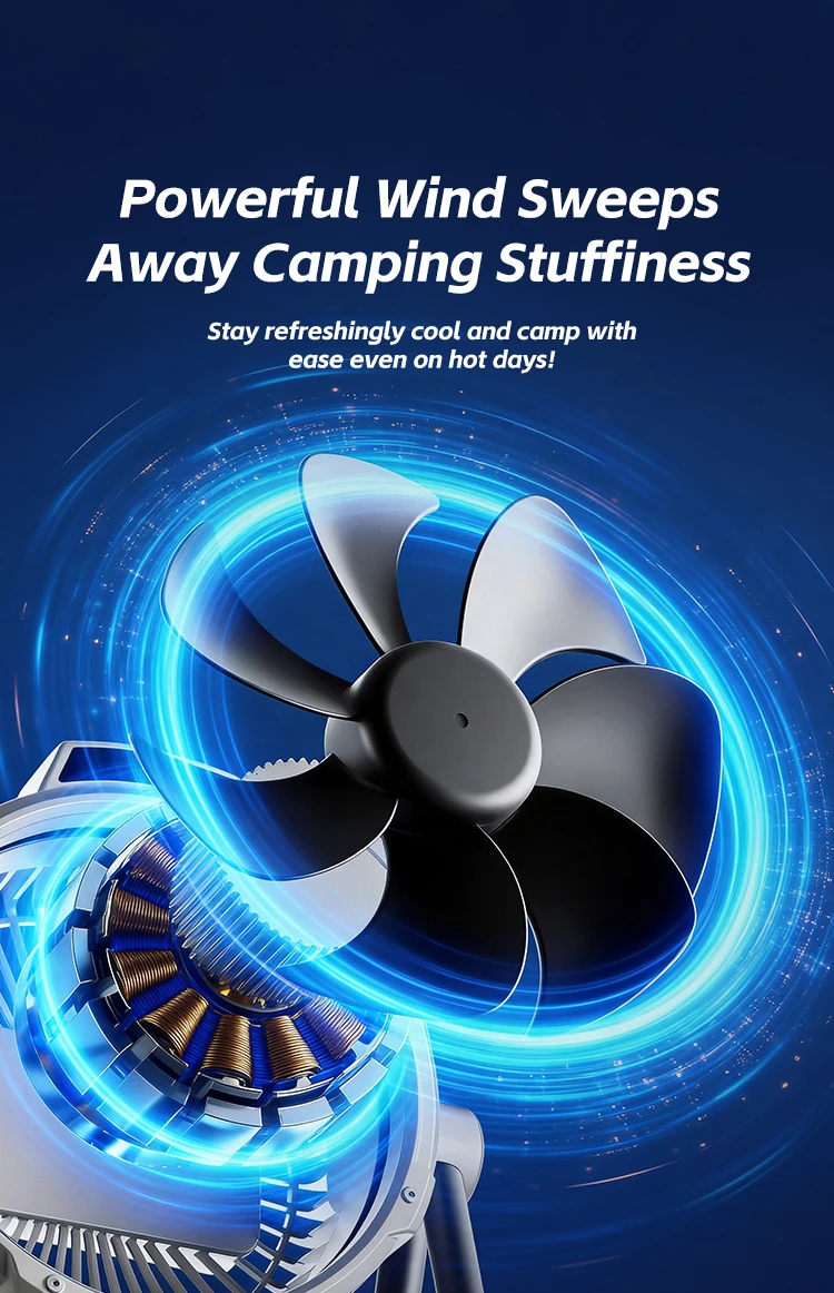 Tragbarer 6-in-1 Outdoor-Campingventilator 10000mAh Wiederaufladbarer Kabelloser Zelt-Deckenventilator 5-Stufen-Einstellung Fernbedienung LED-Licht – Detail 6