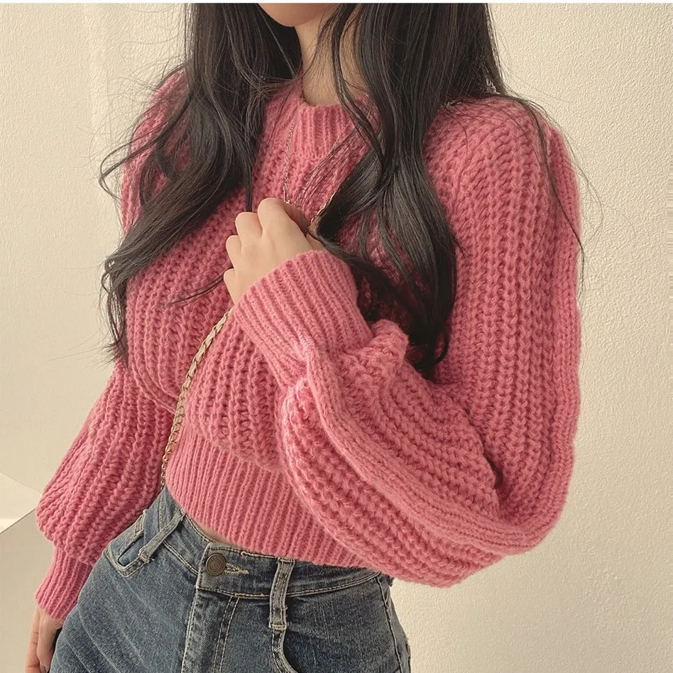 

4 Colors 2023 Winter Autumn Knitted Sweater Pullovers New Design Cute Sweet Japan Girls Solid O Neck Short Crop Knit Tops