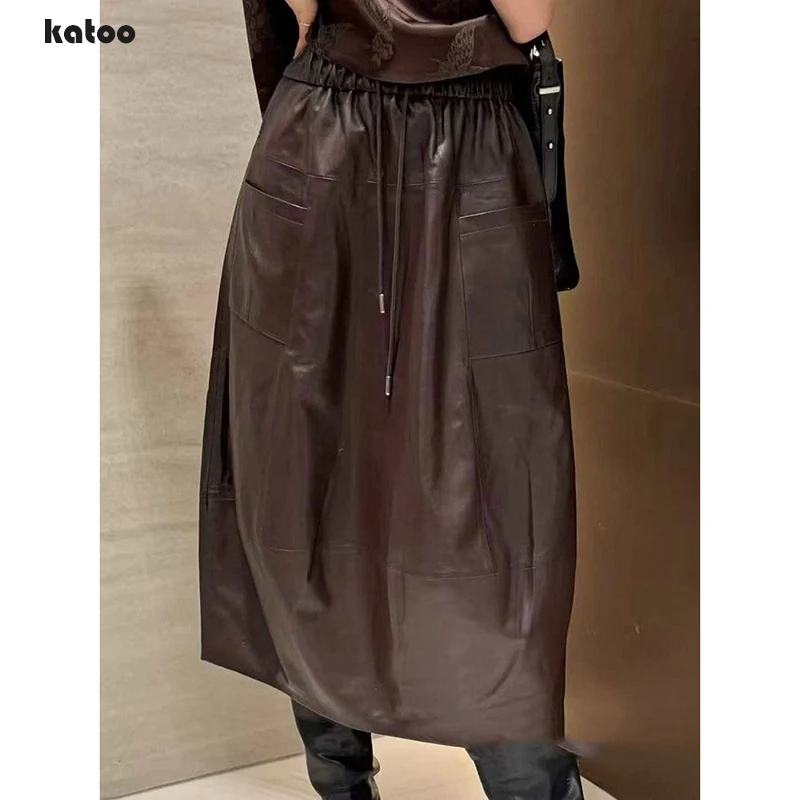 Genuine Leather Skirt Autumn Fashion New Women Vegetable Tanned Sheepskin Elastic Waist Drawstring Coffee Long Flower Bud Skirts