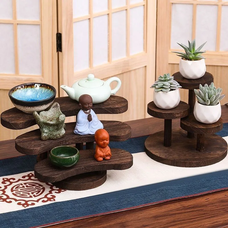 Solid Wood Retro Succulent Display Stand Small Plant Holder for Balcony Bay Window Desktop Creative Light Luxury Home Decor