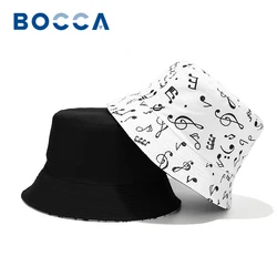 Bocca Music Note Bucket Hat White Panama Fisherman Hats Men Women Double Sides Summer Sunscreen Outdoor Sun Cap Hip Hop Gorras