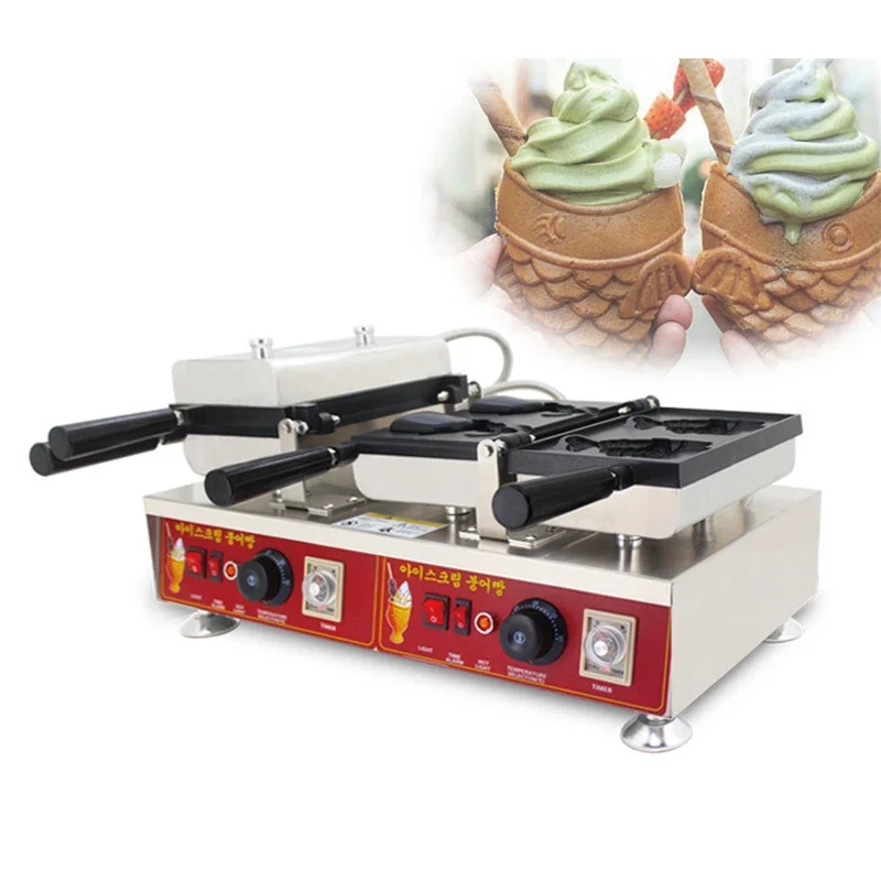 Commercial Taiyaki Fish-Shaped Waffle Maker 110V 220V Open Mouth Taiyaki Ice Cream Machine Fish Cone Baker in Catering Equipment