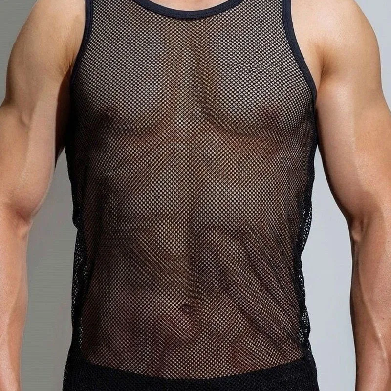 

2023 American Style Summer Mesh Breathable Vests New Man Sheer Thin Style Solid Color Bottoming Shirt