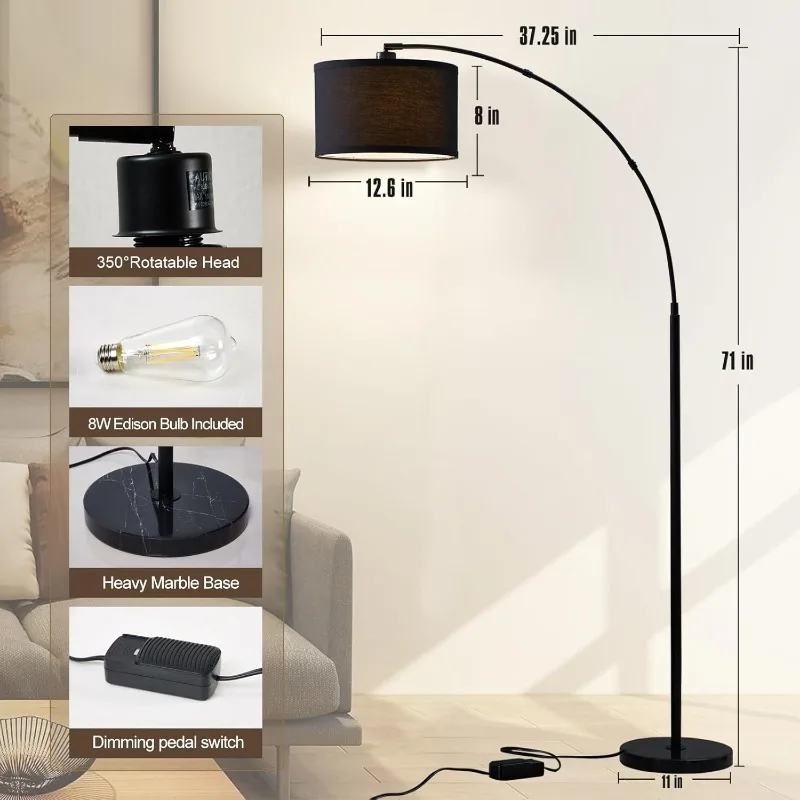 Arc floor lamps for living room, Dimmable Floor Lamp with Adjustable Head, Black Finish Modern Floor Lamp