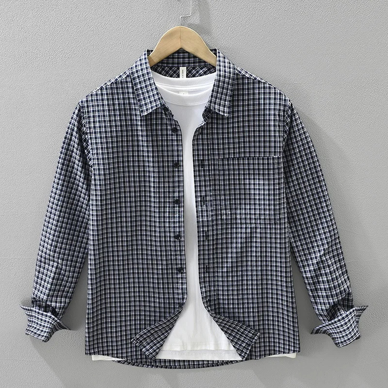 

2025 Autumn Japanese Retro 100% Cotton Checkered Long-Sleeve Shirt Fashionable & Versatile Casual Loose Plaid Top for Young Men