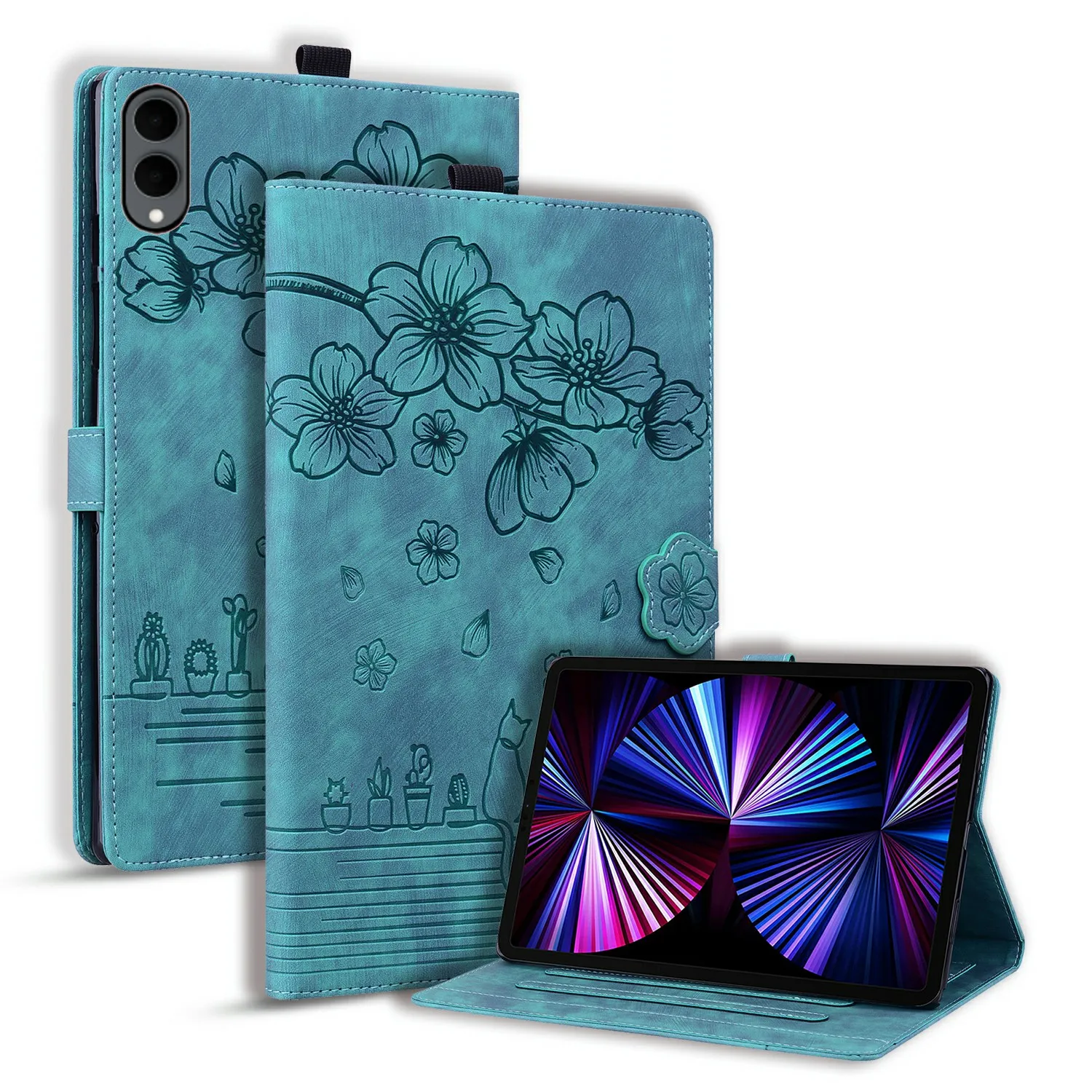 For Samsung Galaxy Tab S12+ Case Card Slots Leather Tablet Stand Folio Cover Flower Cat - Blue