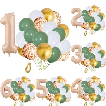 20 adet Orman Hayvan Tema Parti Adaçayı Yeşil Balon Karamel Numarası 0-9 Folyo Balonlar Mutlu Doğum Günü Partisi Bebek Duş Dekorasyon