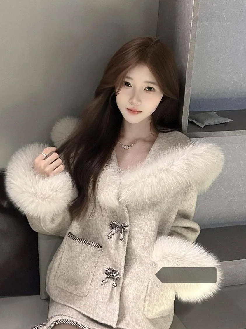 

Модный зимний комплект: женское шерстяное пальто с меховым воротником и юбка, теплый свободный крой, повседневный стиль