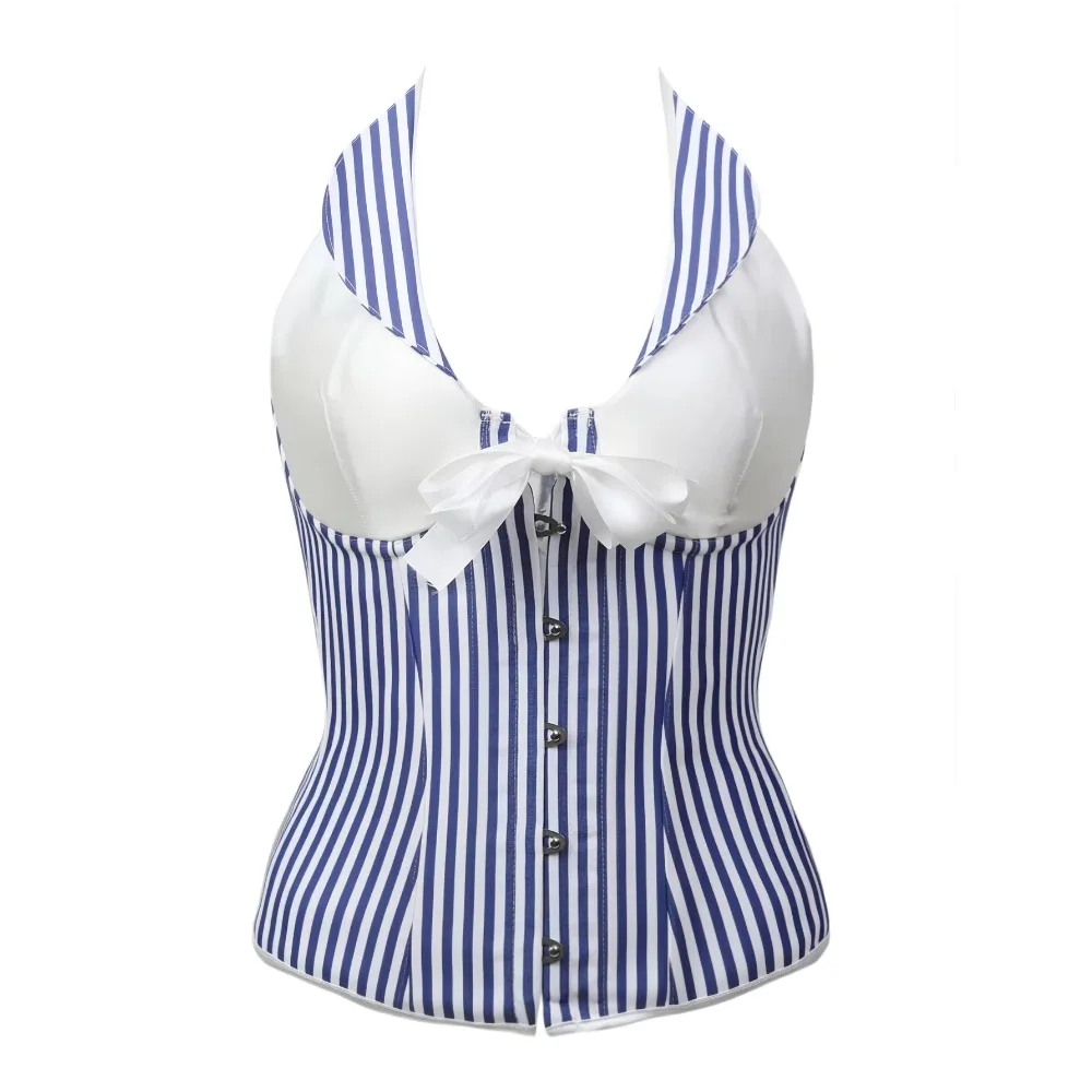 Retro Blue White Striped Halter Corset Bustier Top Boned Front Button Vintage Shapewear Party Clubwear Ladies Fashion Look