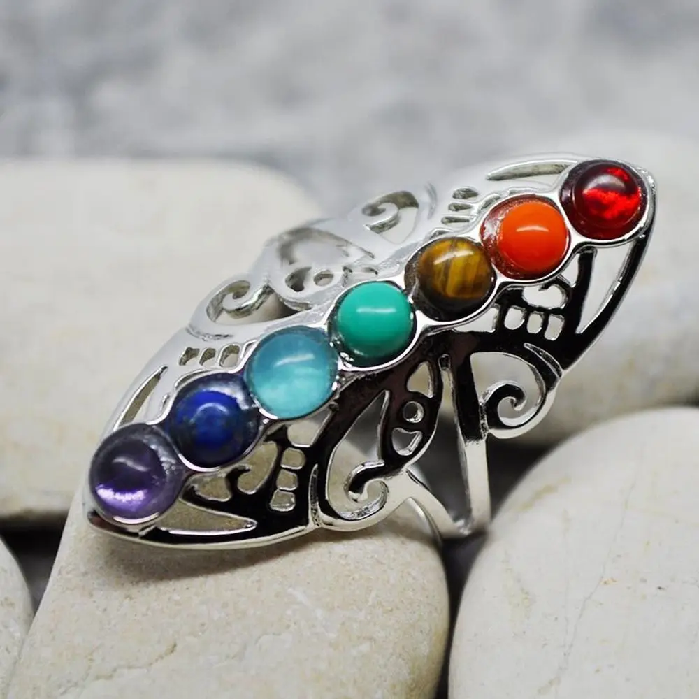 1PC Silver Plated 7 Chakra Healing Hollow Stones Adjustable Ring Unisex Thumb Reiki Gem Ring