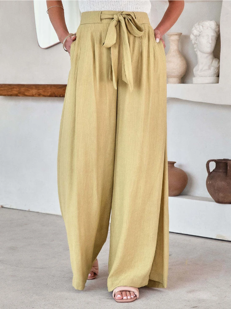 

OL Office Lady Wide Leg Pants With Belt Women Casual Loose Trousers Fashion Solid Color Work Long Pantalones Female With Pockets