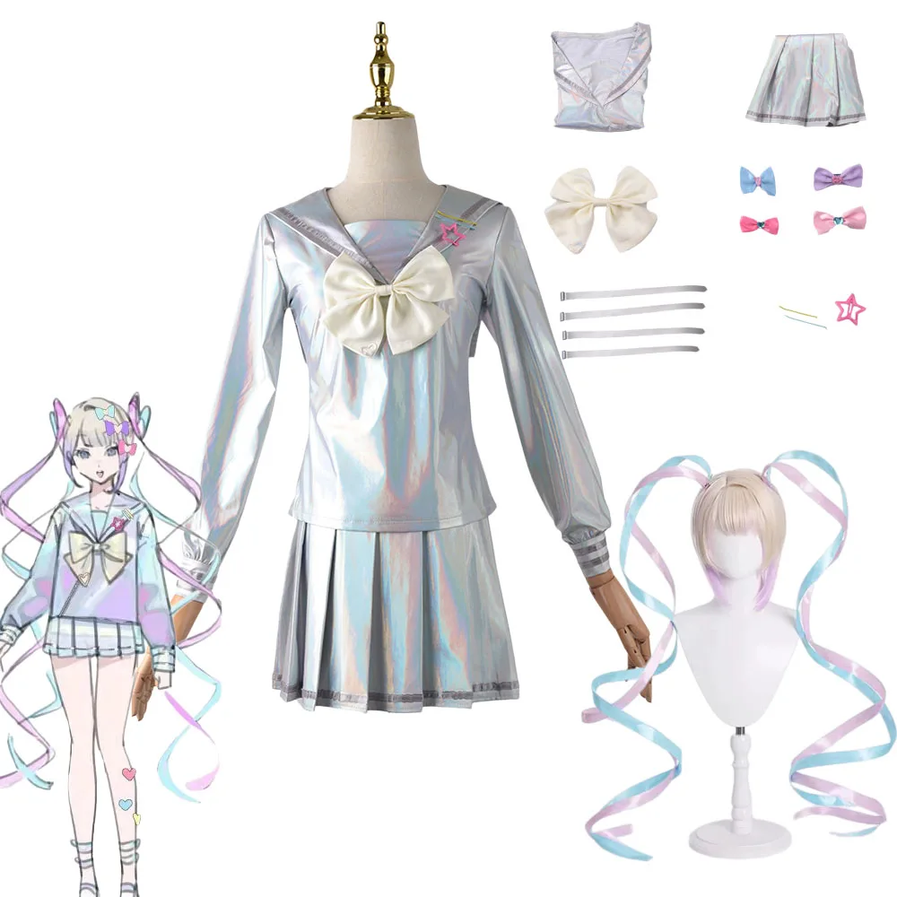Game NEEDY GIRL OVERDOSE KAngel Cosplay Costume Full Set of Clothing Sailor Suit Jk Uniform Laser Color Skirts Ribbon Wig