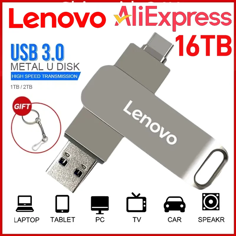 محرك فلاش لينوفو USB 3.0 محرك أقراص عالي السرعة 2 تيرابايت 16 TBUsb3. 0 Memory Stick 512gb Flash Pendrive Metal Memoria Usb Disk للكمبيوتر الشخصي