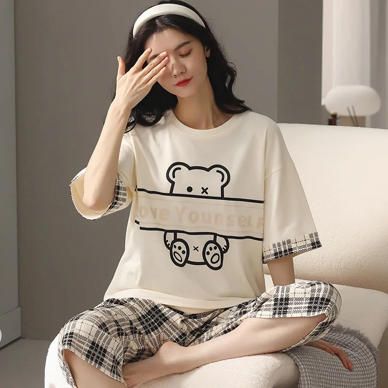 

Women Pajamas Sets PlaidSleepwear Short Sleeve Pants Pyjama Summer Cartoon Pijamas Mujer Female Loungewear Casual Homewear