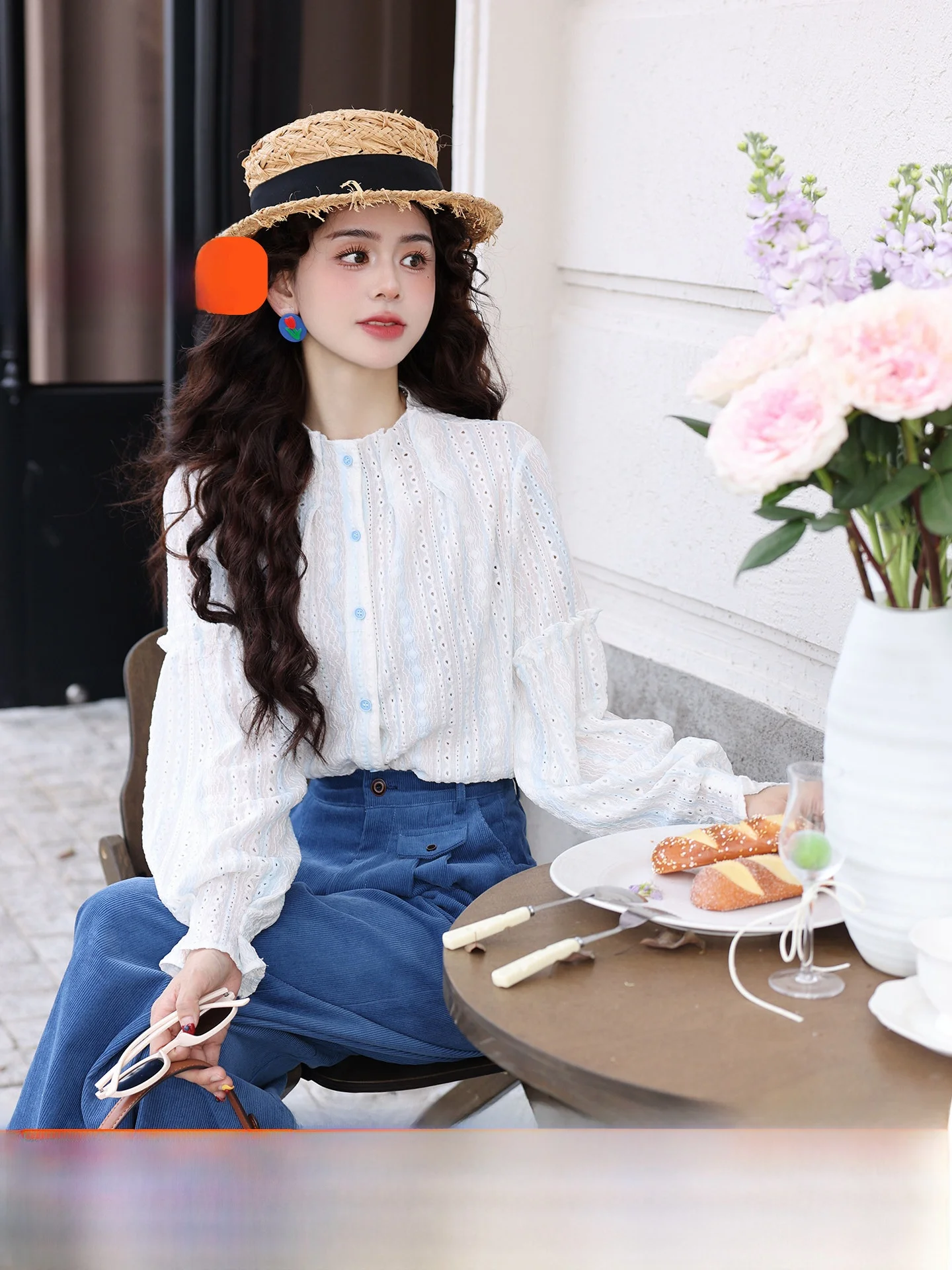 

Chen Jiajie Spring Day Long Sleeve Shirt Women's Loose Slimming Stand Collar Early Spring Top Vintage Style Polyester Fiber