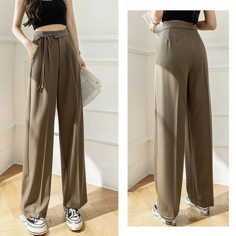 Spring Women Lace Up Straight Leg Suit Pants Female Solid Color High Waisted Trousers Lady Chic Designer All Match Work Pants