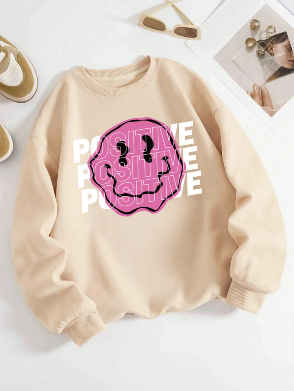 Positive Letter Sweatshirts Womens Smile Face Printed Hoodie Fleece Warm Crewneck Loose Pullover Casual White Female Clothes