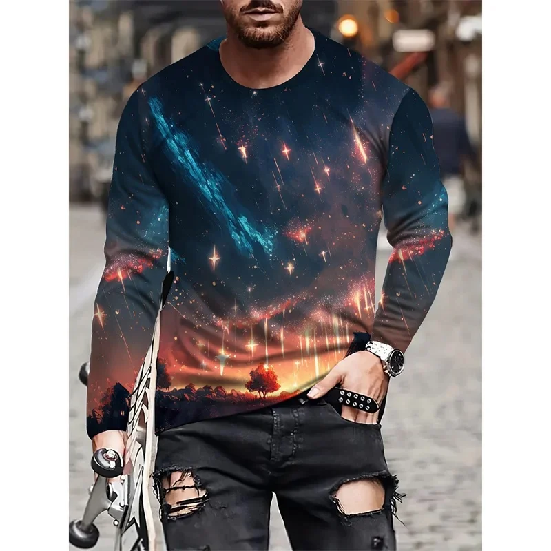 Mountain Water Ship Pattern T-Shirt For Men Chinese Buddha 3D Printed Tees Casual Long Sleeves Unisex T Shirts Loose O-Neck Tops