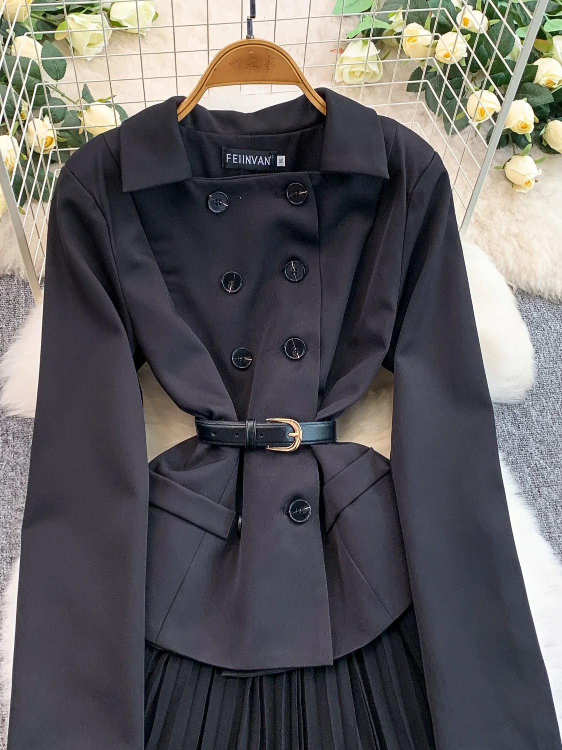 Hebe Sle Vintage Double-Breasted Kraag Dr vrouwen Herfst Winter Belted Afslanken Plaid Lange Rok Ci Pendelen A-lijn