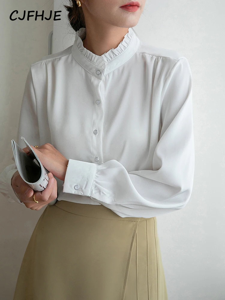 CJFHJE Folds Stand Collar Long Sleeve Autumn White Office Ladies Shirts Single-Breasted Elegant Bishop Sleeve Blouse Tops Women