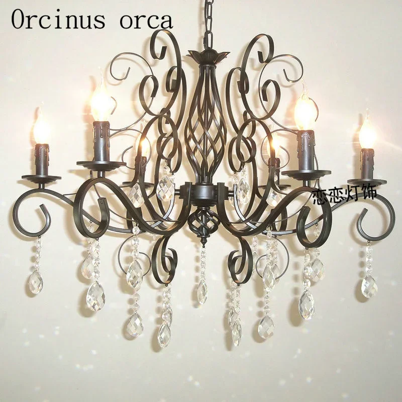 

European style iron black crystal chandelier living room dining room bedroom staircase balcony bronze lamp free shipping