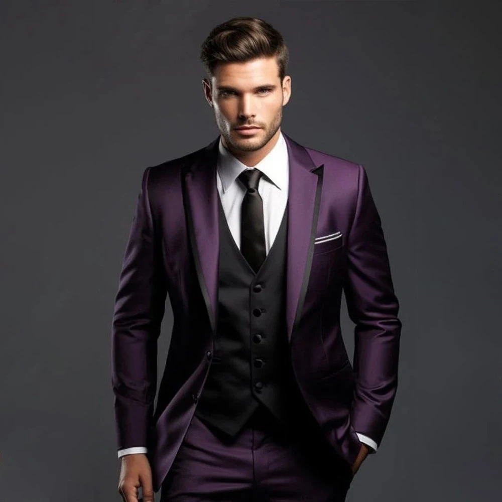 

High-end Men Suits 3 Piece Chic Peak Lapel Single Breasted Male Suit Slim Solid Color Fashion Business Casual Wedding Tuxedo