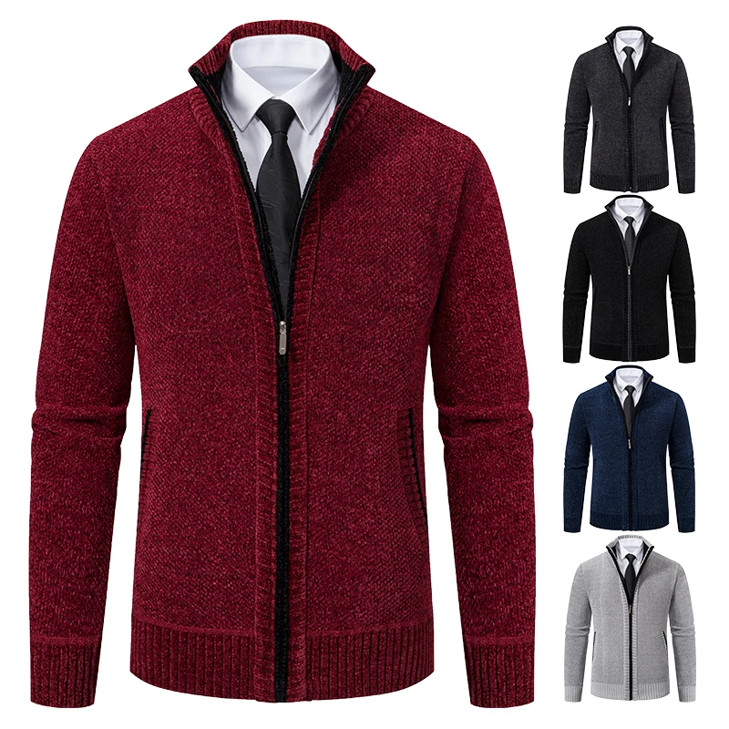 

Mens Chenille Sweater Thickened Fleece Coat Zipper Cold Winter Jacket 2023 New Solid Color Warm Knit Jumpers Overcoat