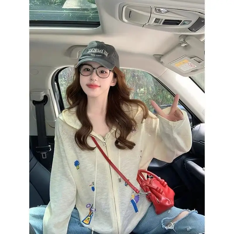 

New Summer Embroidered Hooded Jacket for Women Casual Trendy Versatile Loose Zipper Cardigan Sun Protection Jacket Coats