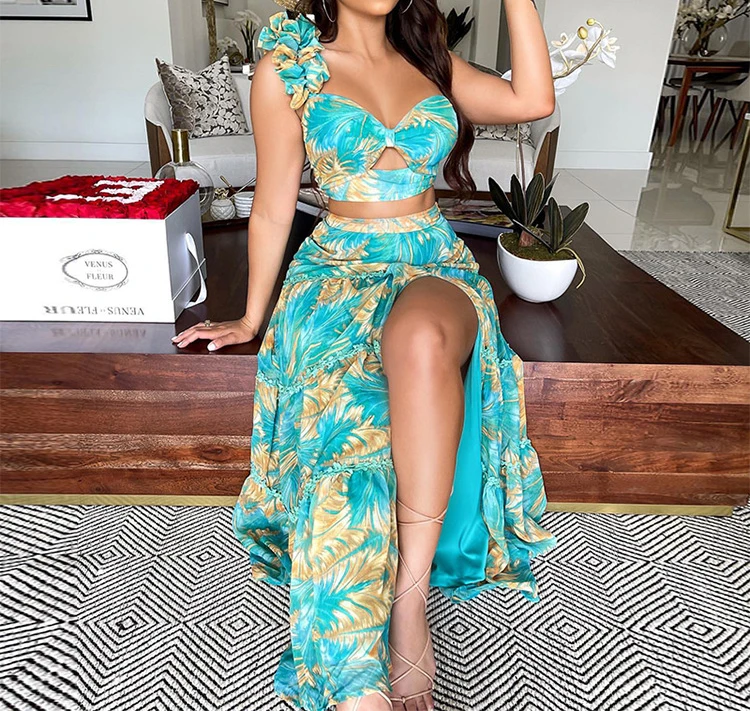 

Two Piece Set Woman 2025 Spring/Summer New High Waist Sleeveless Printed Single Shoulder Sleeve Top and Sexy Slim Dress Suit