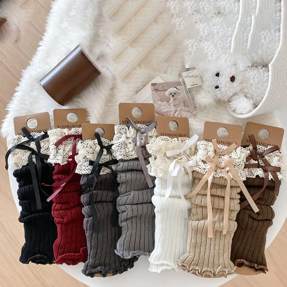 

Cute Harajuku Bow Ribbon Leg Warmers Solid Color Long Stockings Lolita Knitted Socks Kawaii Sweet Children's Foot Warmer Autumn