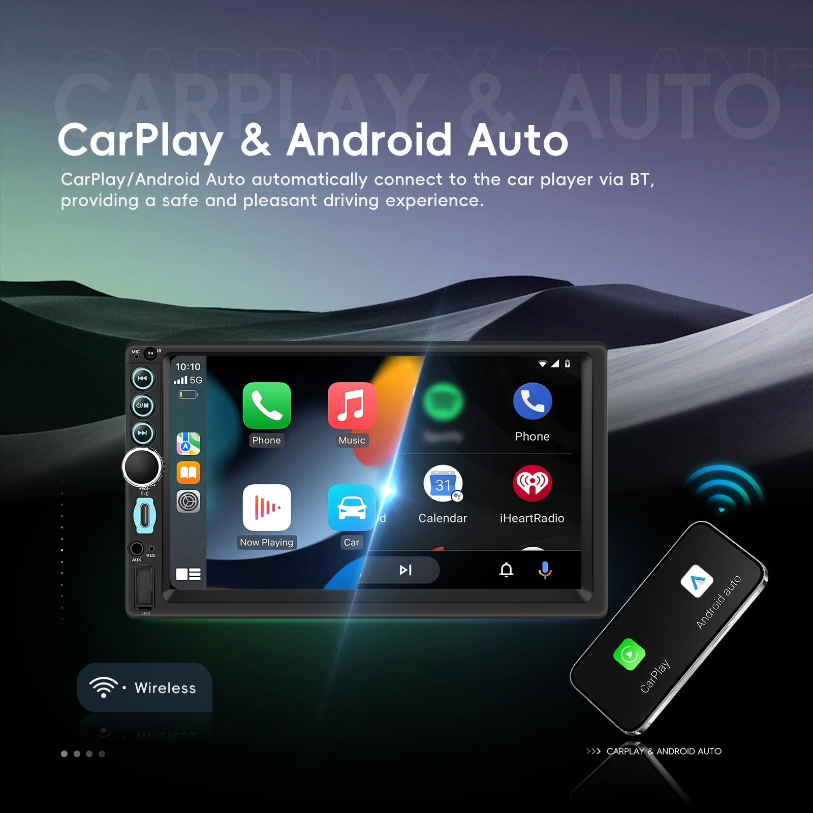 Podofo Android 15 2 Din Android Autoradio 7'' 4+64G WLAN GPS-Navigation Universelles Auto-Video-Multimedia-Player Kabelloses CarPlay Android Auto Touchscreen BT FM Intelligentes Autosystem USB