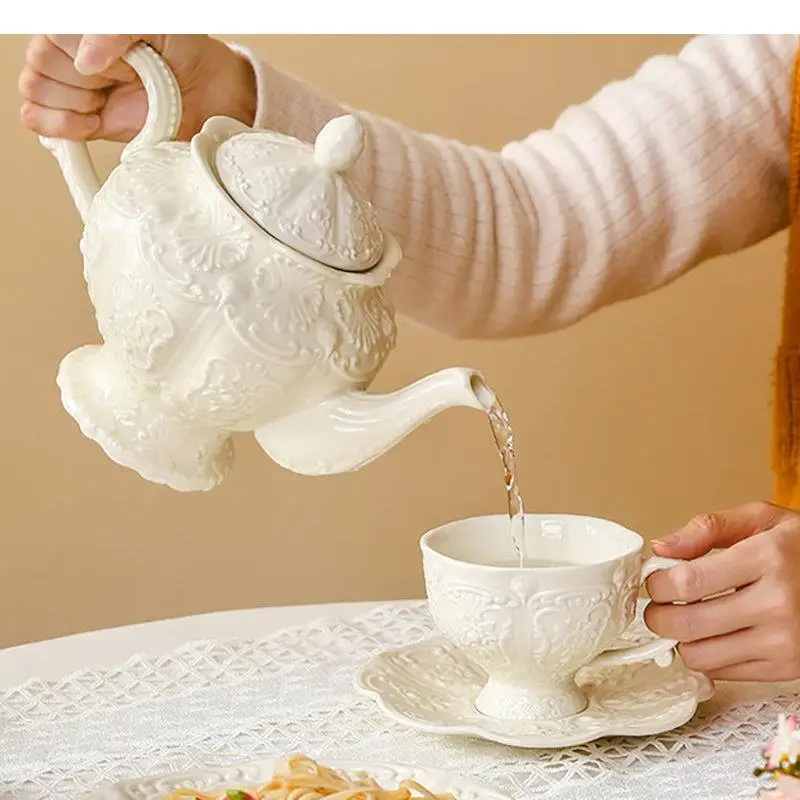 Ceramic Relief Teapot Afternoon Tea Cup Dish Set Household Dessert Plate Snack High Leg Cake Goods