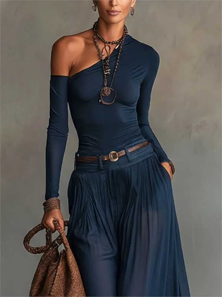 Women Solid 2 Piece Set Summer Fashion New Off Shoulder Long Sleeve Slim Top High Waist Belted Sheer Pleated Long Skirt Suit