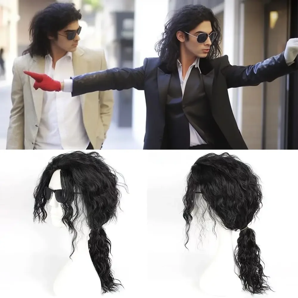 Anime Character Men's Synthetic Fiber Black Curly Wig Heat-Resistant Full-Weave Construction Essential Party Costume Accessory