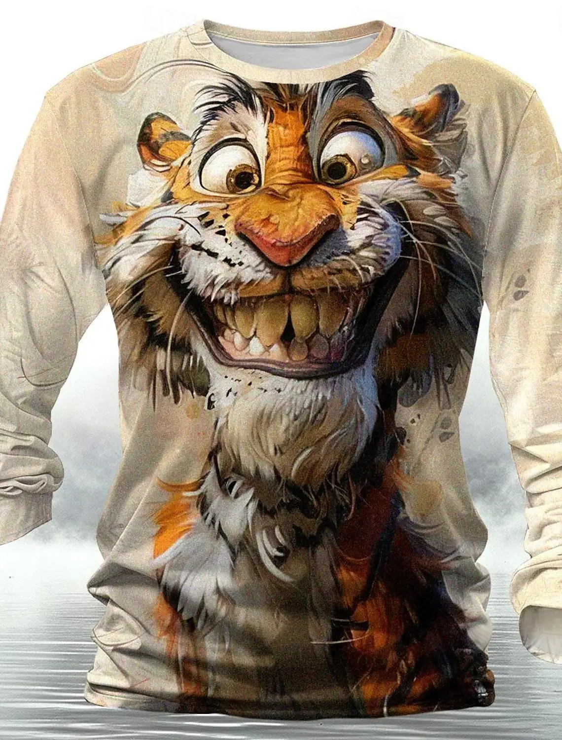 

Funny Animal Design Retro Men 3d Printing Street Casual Daily Gray Longsleeved Round Neck Shirt Spring And Autumn Clothing