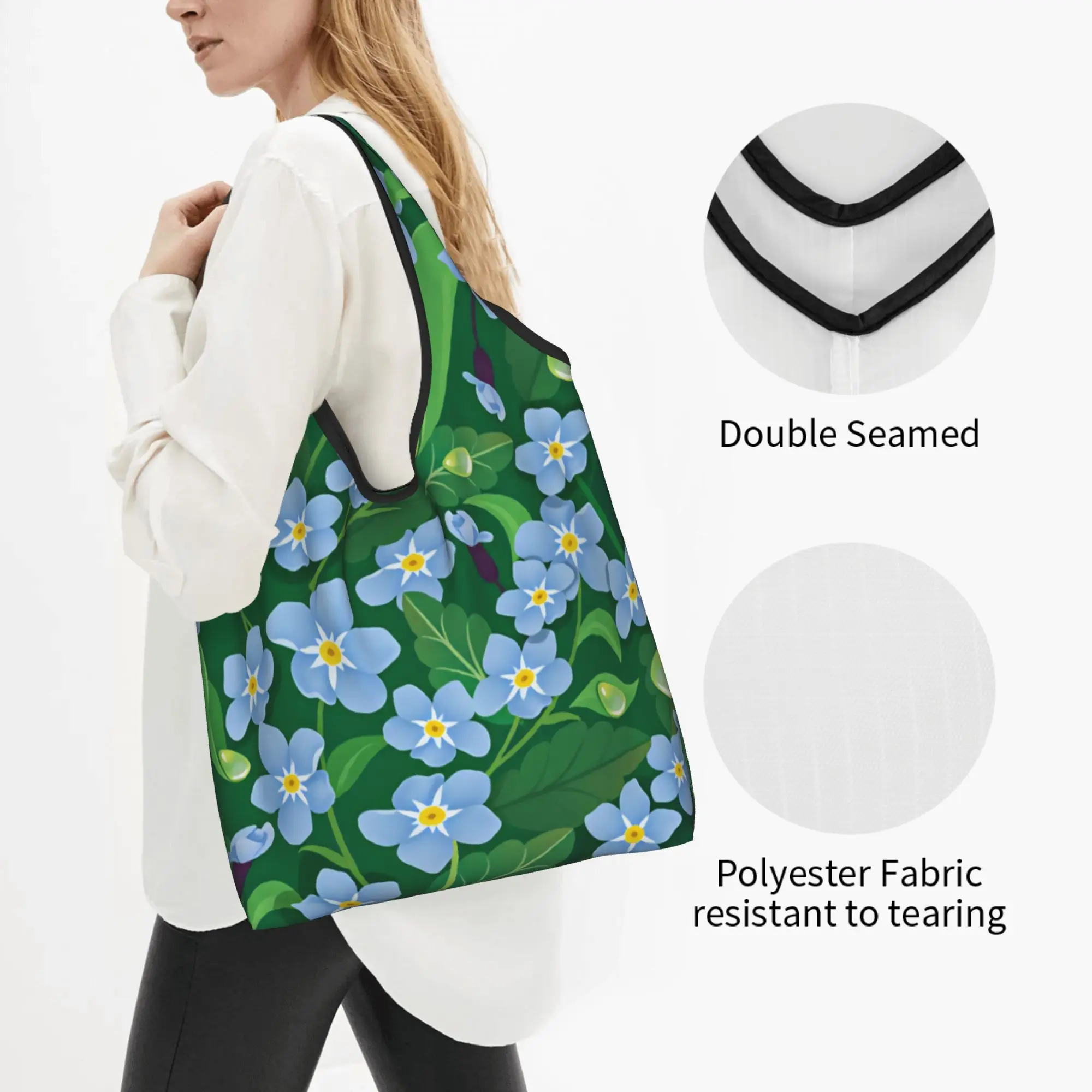 Custom Blue Forget Me Not Flowers Shopping Bags Women Portable Big Capacity Grocery Seamless Floral Pattern Shopper Tote Bags