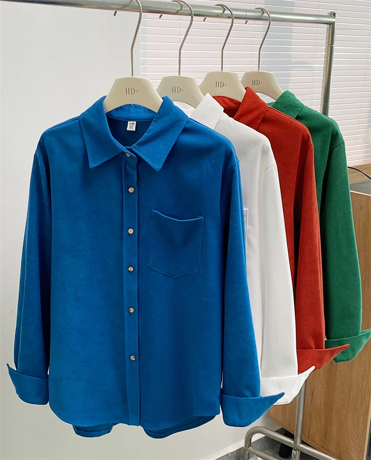 Camicette da donna da ufficio Camicette da donna in velluto a coste tinta unita Camicie vintage Moda vestibilità ampia Abbigliamento primavera/autunno Top da donna a maniche lunghe